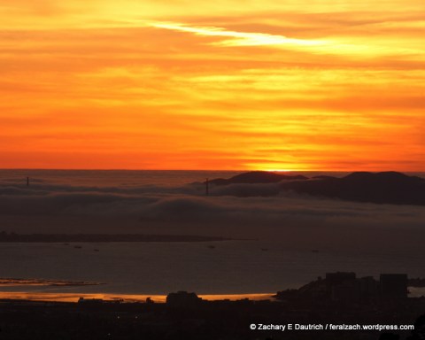 sunset over the Golden Gate bridge and bay